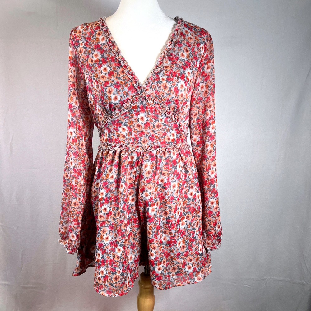 Francescas Miami Floral Long Sleeve Ruffle Trim Romper Cottagecore Ditsy Print S